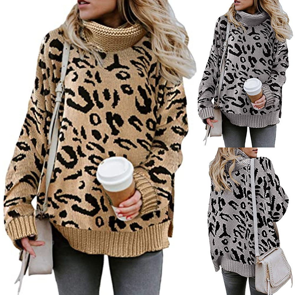 Damen Oversized Strickpullover mit Leopardenmuster und hohem Kragen R&B