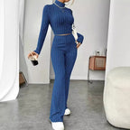 Damen Strickfleece Set mit hohem Kragen und ausgestellten Hosen R&B