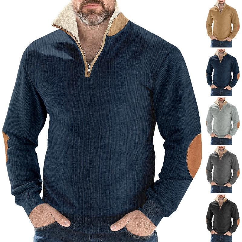 Herren nan Strukturstrick-Halbzipppullover mit wärmendem Sherpa-Kragen und Velours-Ellenbogenapplikation R&B