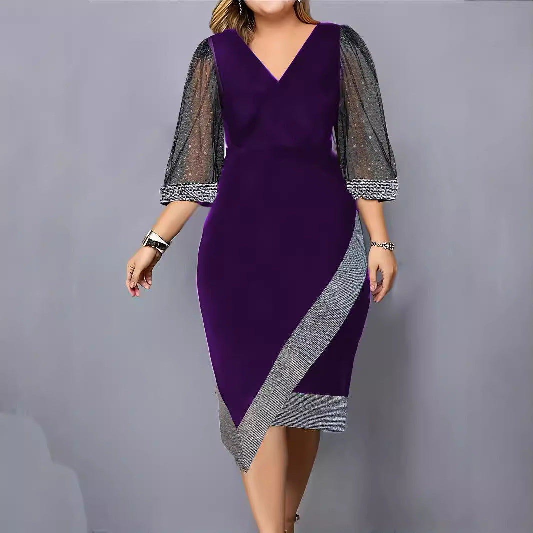 Damen Elegantes Cocktailkleid mit transparenten Puffärmeln und asymmetrischem Saum R&B