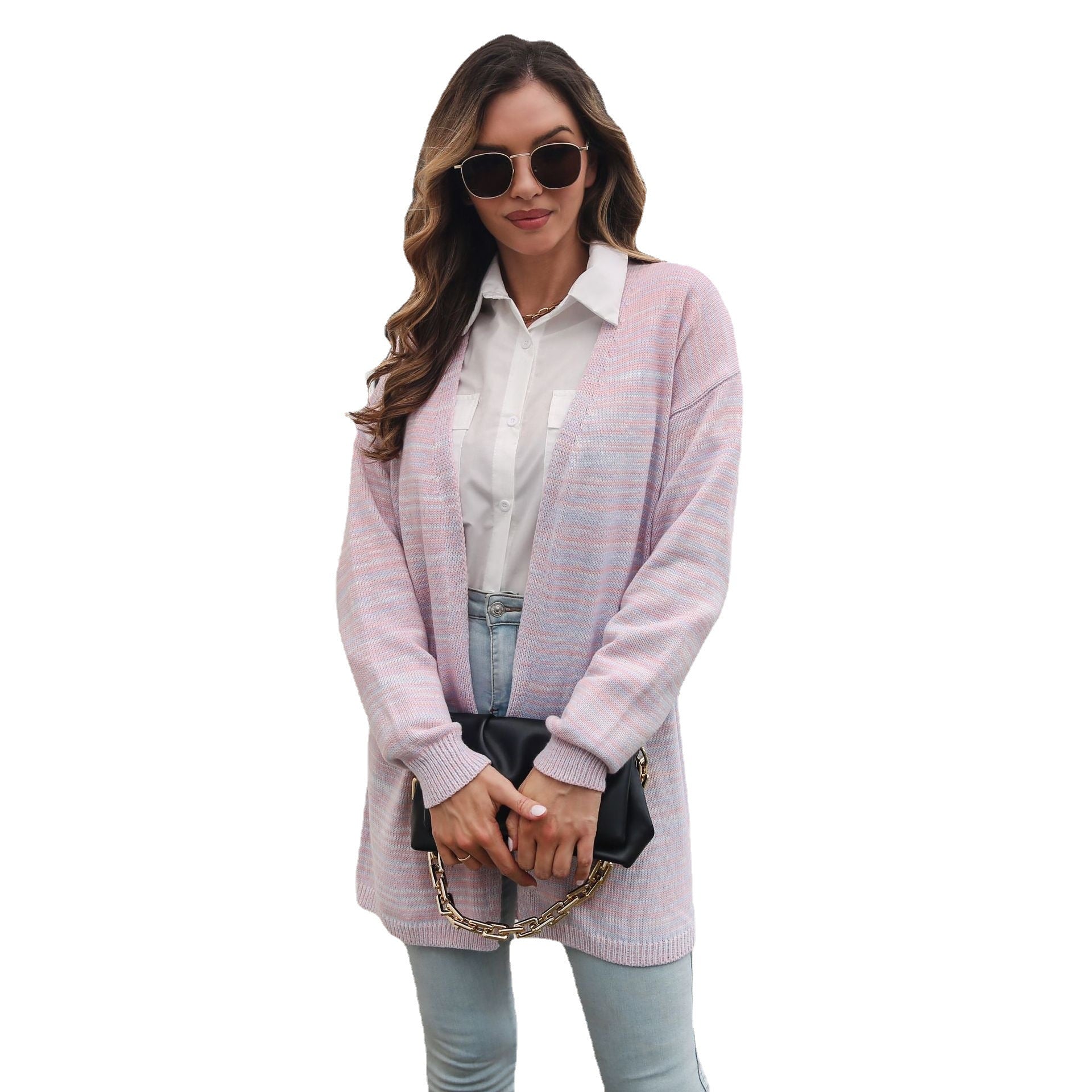 Damen lockere Strickjacke mit modischem Streifenmuster R&B