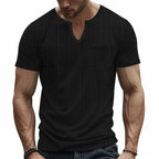Herren nan Kurzarmshirt mit geschlitztem V-Ausschnitt strukturierter Leinenoptik und aufgesetzter Brusttasche R&B