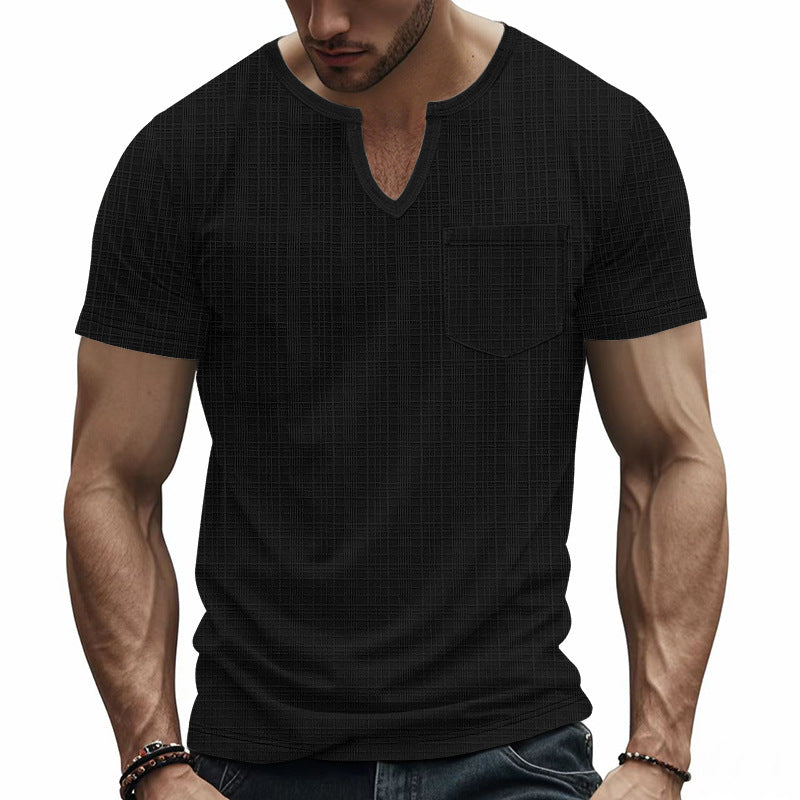 Herren nan Kurzarmshirt mit geschlitztem V-Ausschnitt strukturierter Leinenoptik und aufgesetzter Brusttasche R&B