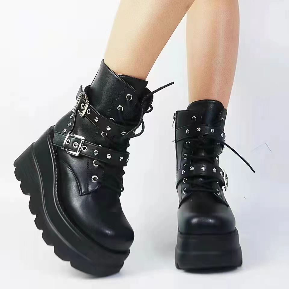 Damen Plateau-Stiefeletten mit modischen Schnallen und robuster Sohle R&B