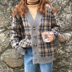 Damen Karierte Strickjacke mit Vintage-Knöpfen R&B