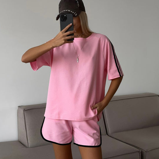 Damen lässiges Kurzarm-Set aus T-Shirt und Shorts mit Kontrastnähten R&B