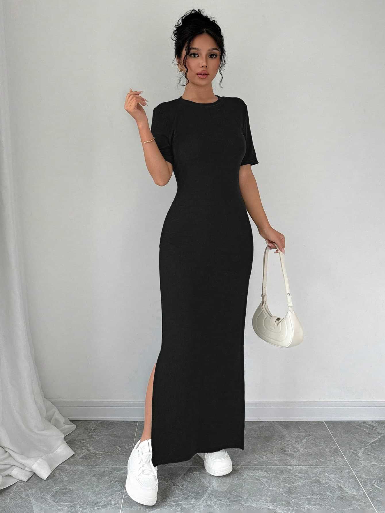 Damen Maxikleid aus weichem Baumwollmix mit Seitenschlitz