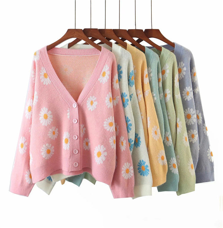Damen Strickjacke mit Blumenmuster und V-Ausschnitt R&B