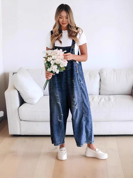 Damen lässige Denim-Latzhose mit trendigen Destroyed-Details R&B