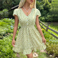 Damen Kurzarm Kleid mit floralen Mustern und elastischem Taillenband R&B