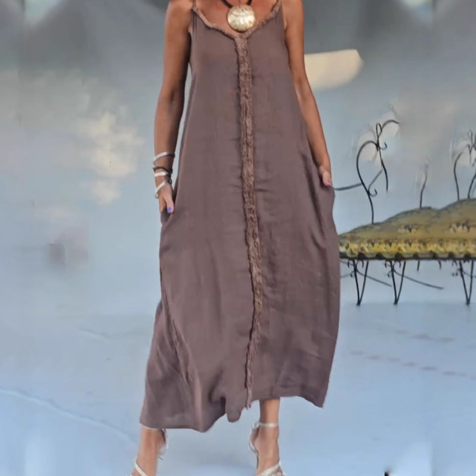 Damen nan luftiges Leinenoptik-Maxi-Trägerkleid mit fransiger Mittelnaht und Eingrifftaschen R&B