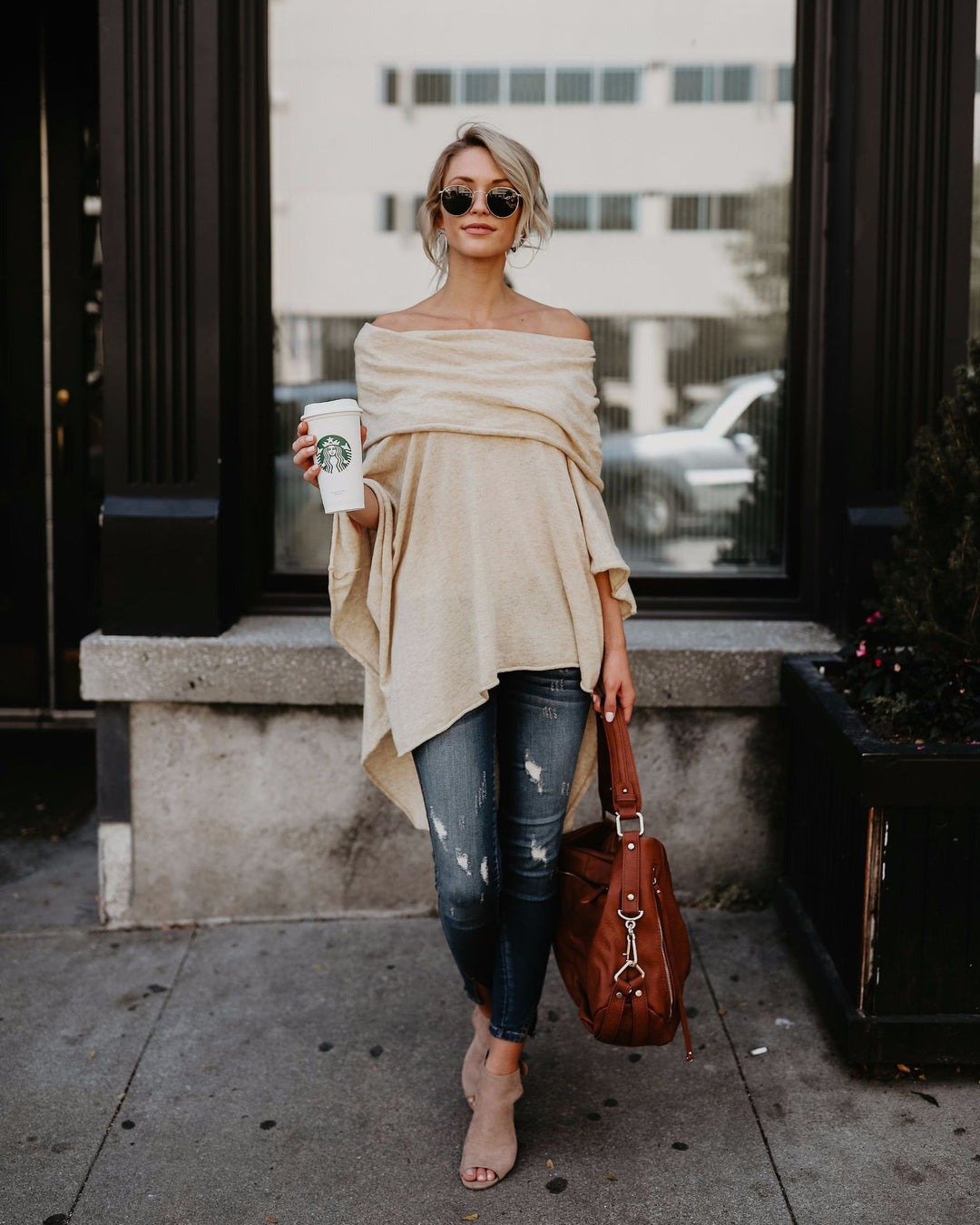 Damen lässiger Poncho mit asymmetrischem Saum R&B