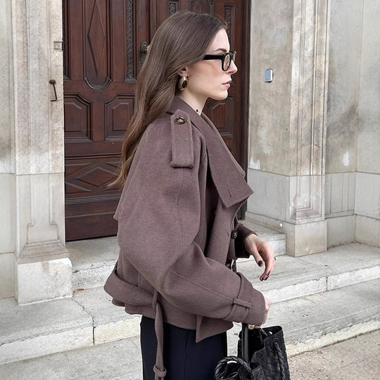 Damen lässige Oversized-Jacke mit doppelter Knopfleiste und breitem Revers R&B