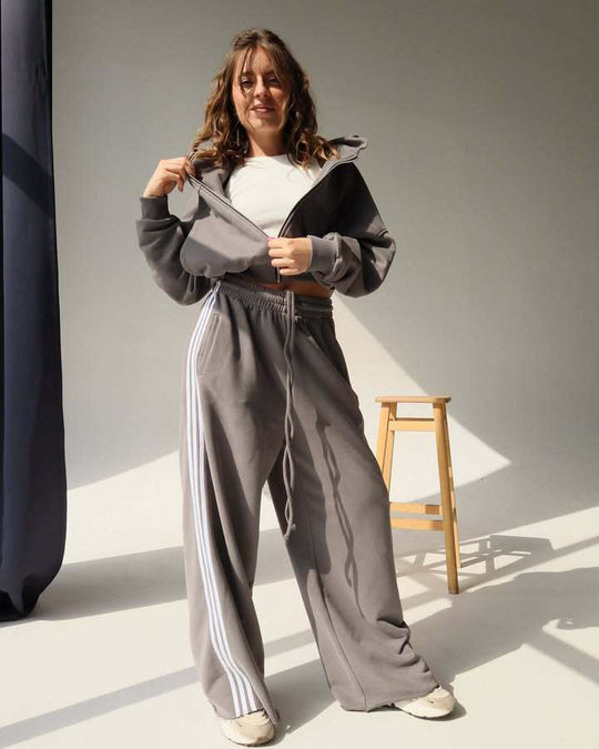 Damen Trendiges Sport-Lounge-Set mit cropped Sweatjacke und weit geschnittenen Jogginghosen R&B