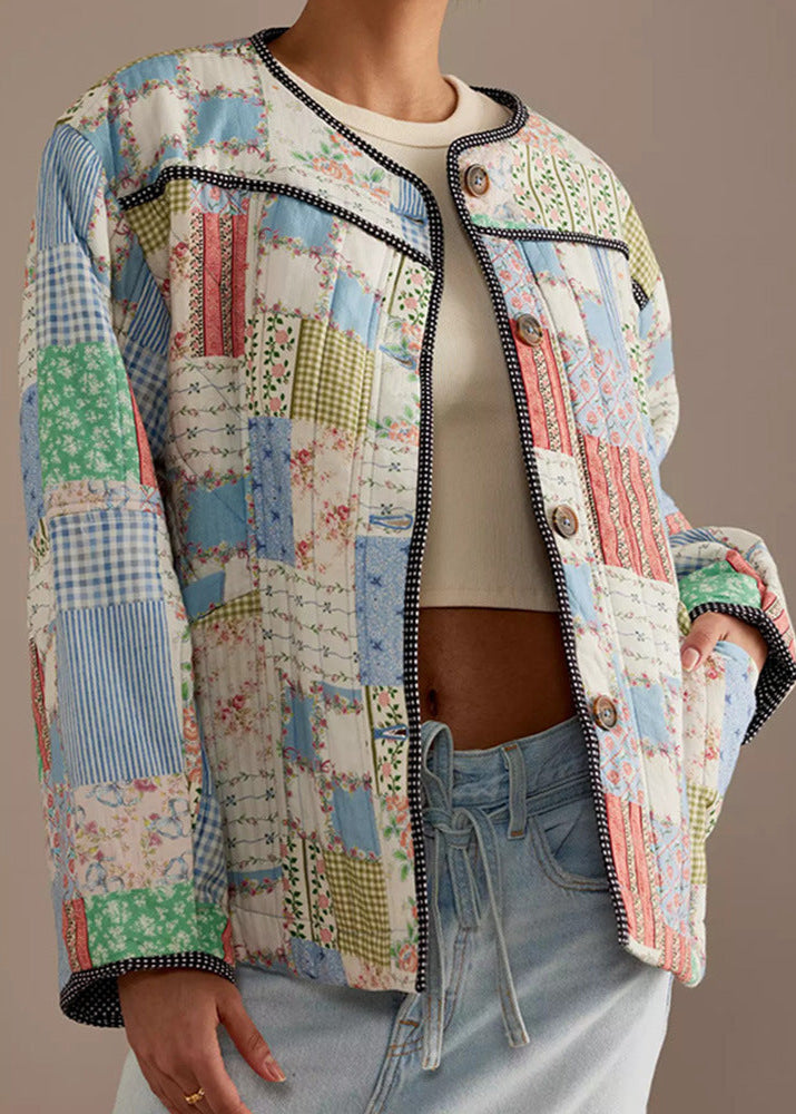 R&B | Patchwork - Baumwoll-Quilted-Jacke mit Rundhals