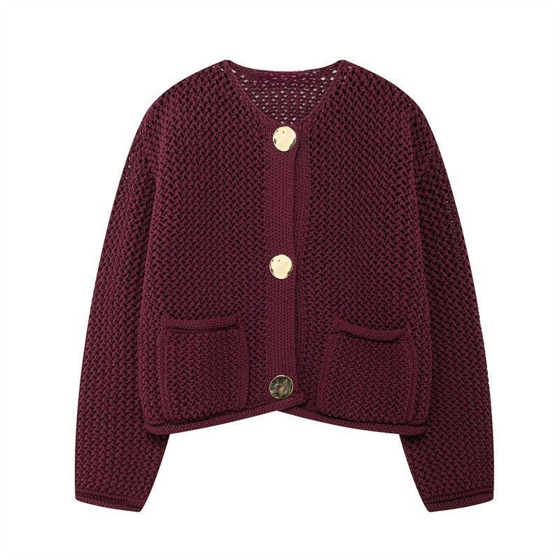 Damen luftige Strickjacke mit durchbrochenem Muster und praktischen Taschen R&B
