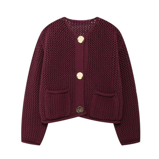 Damen luftige Strickjacke mit durchbrochenem Muster und praktischen Taschen R&B