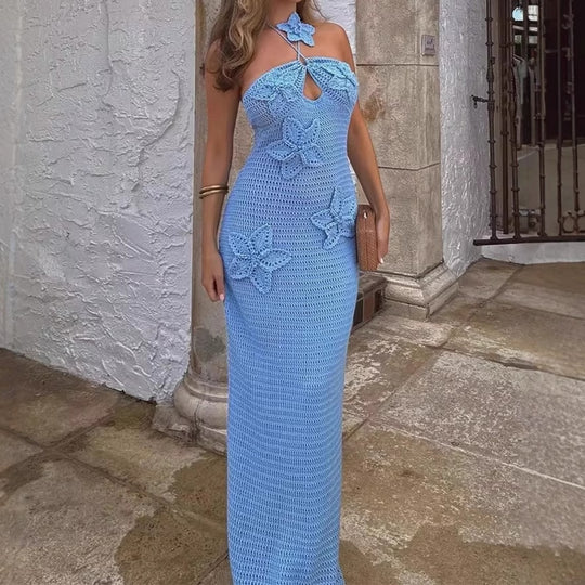 Damen Strick-Maxikleid mit floralen Einsätzen R&B