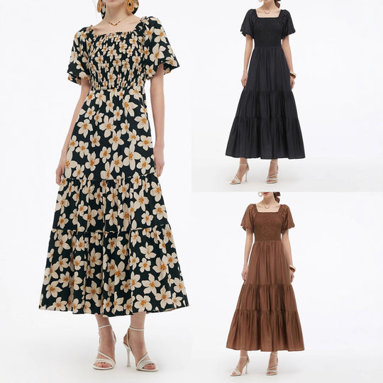 Damen Maxikleid mit voluminösem Rock und Blumenmuster R&B