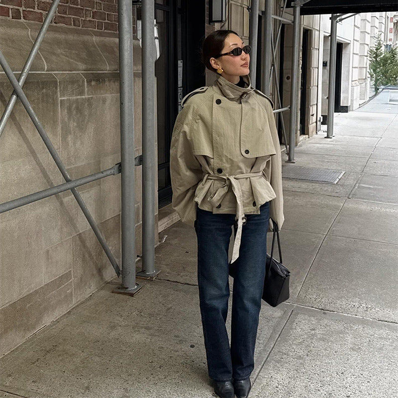 Damen Modische Kurzjacke mit hohem Kragen und Taillengürtel R&B