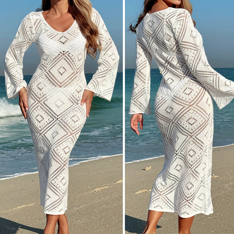 Damen Häkel-Strandkleid mit weit ausgestellten Ärmeln und geometrischem Muster R&B