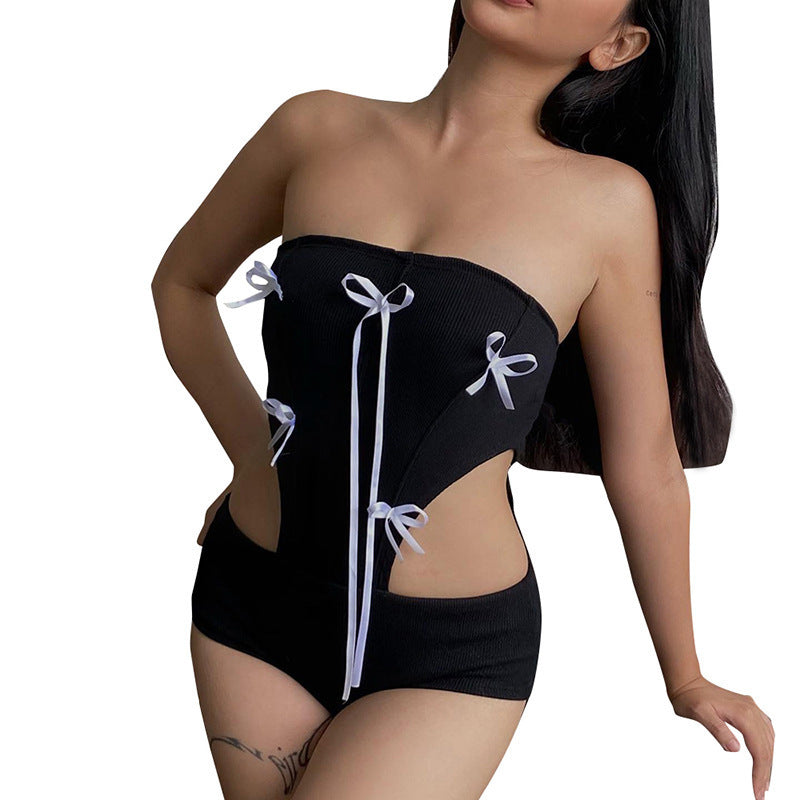 Damen Bandeau-Badeanzug mit dekorativen Kordelzügen und figurformendem Schnitt R&B
