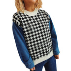Damen Strickpullover im modernen Hahnentrittmuster mit lässigen Denim-Ärmeln R&B