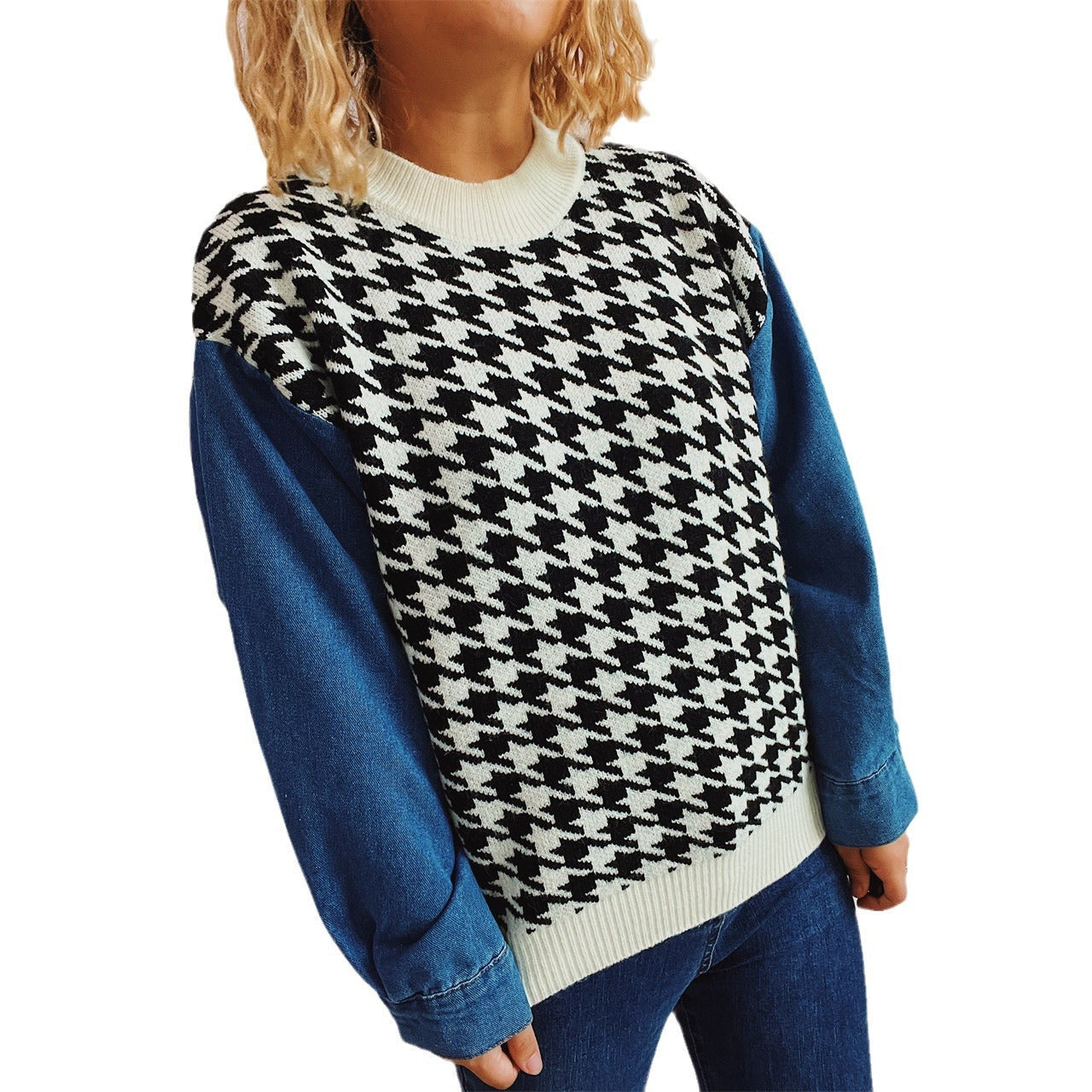 Damen Strickpullover im modernen Hahnentrittmuster mit lässigen Denim-Ärmeln R&B