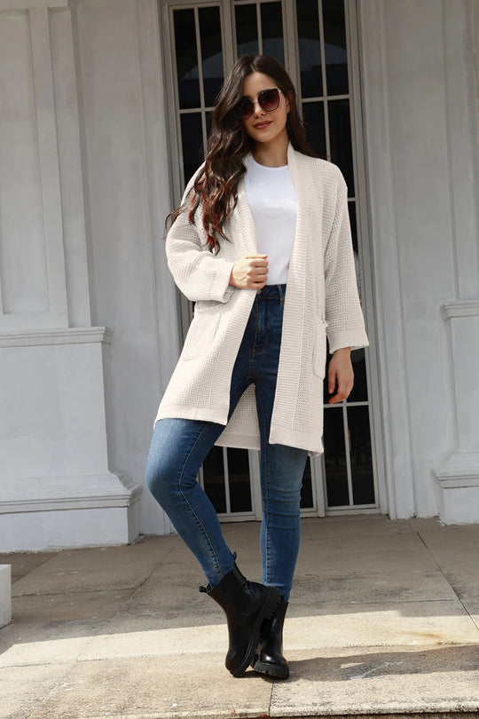 Damen lässiger Strickcardigan mit praktischen Taschen und offener Front R&B