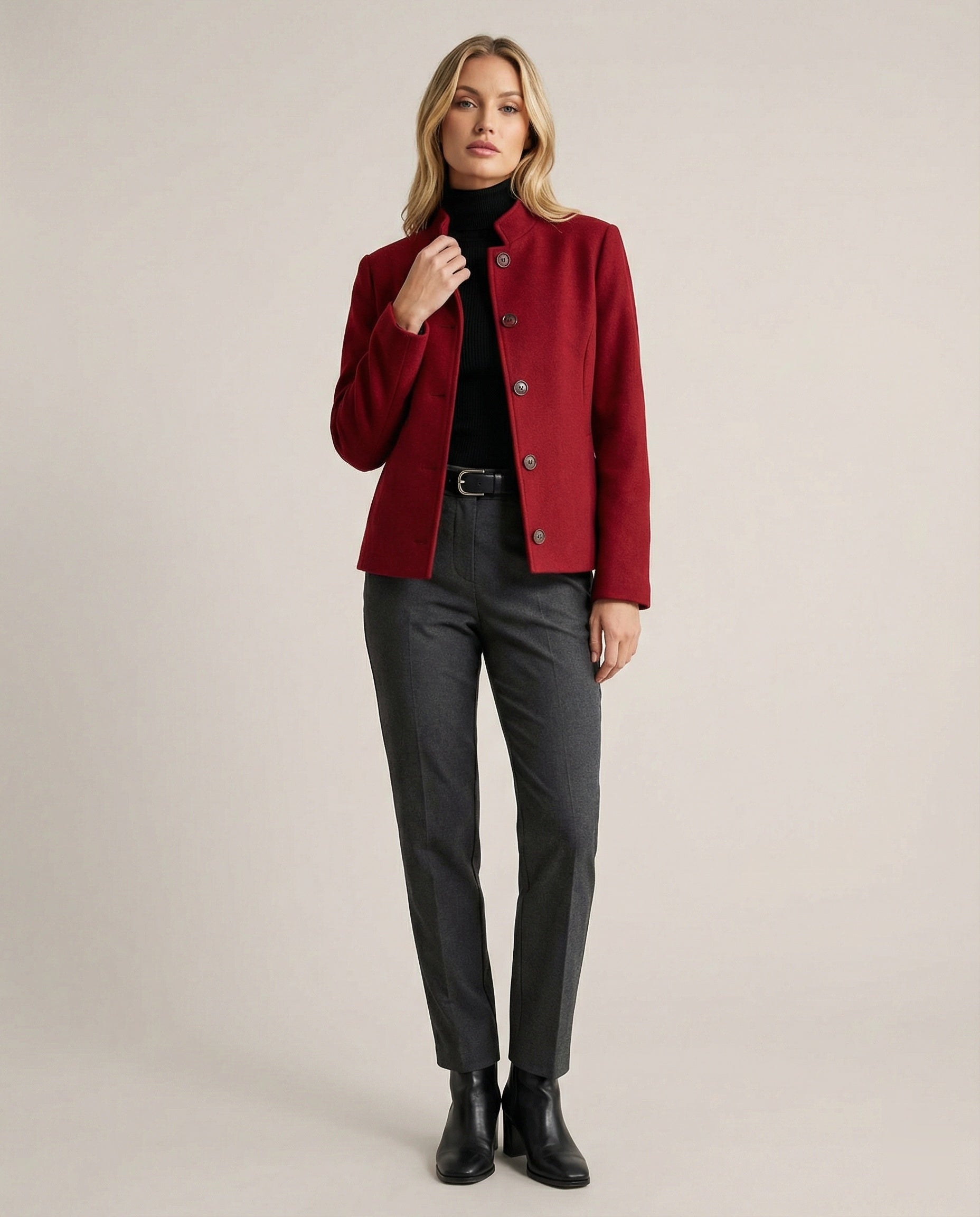 Eleganter Roter New Chinese Style Blazer mit Stehkragen und Schulterpolstern