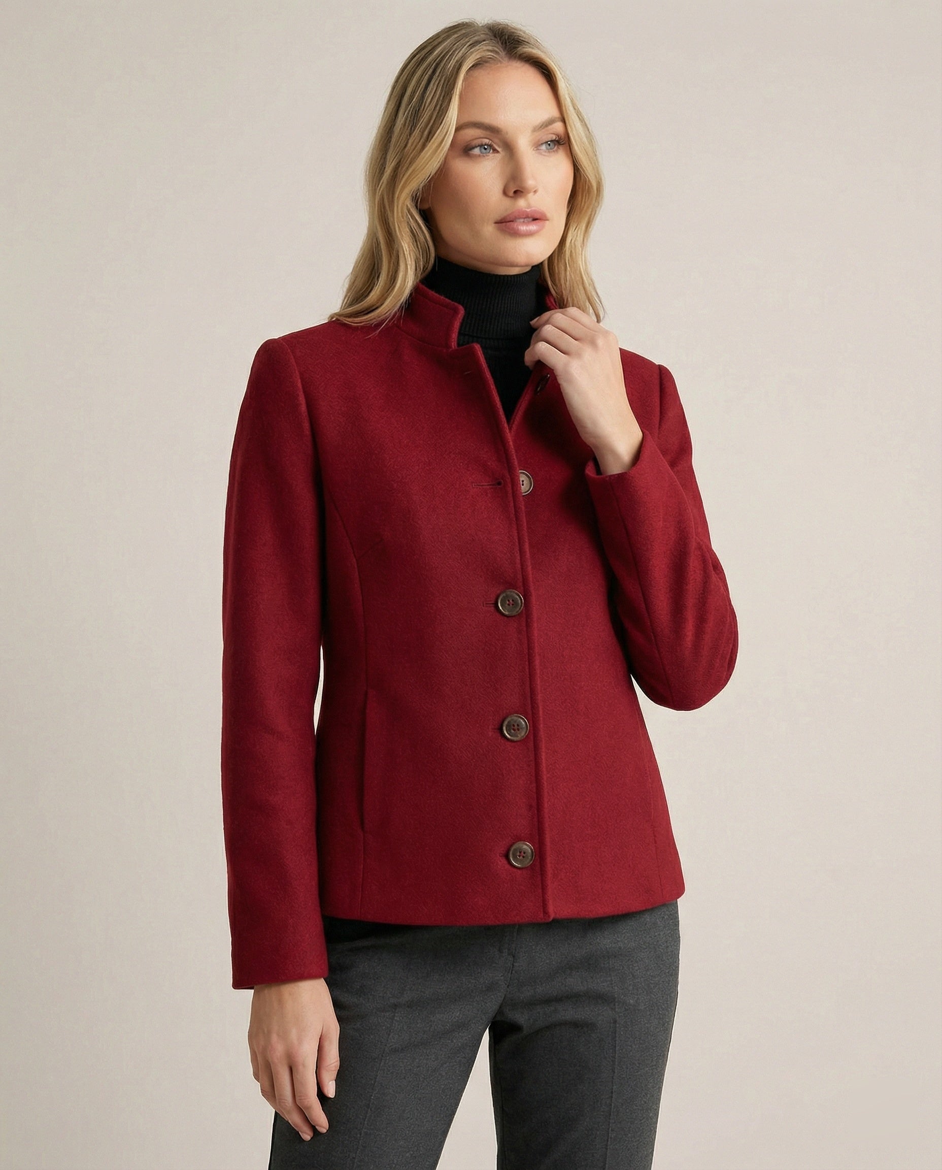 Eleganter Roter New Chinese Style Blazer mit Stehkragen und Schulterpolstern