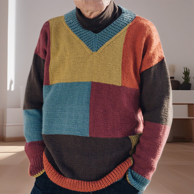 Herren gemusterter Pullover mit Farbblockdesign und modernem V-Ausschnitt R&B