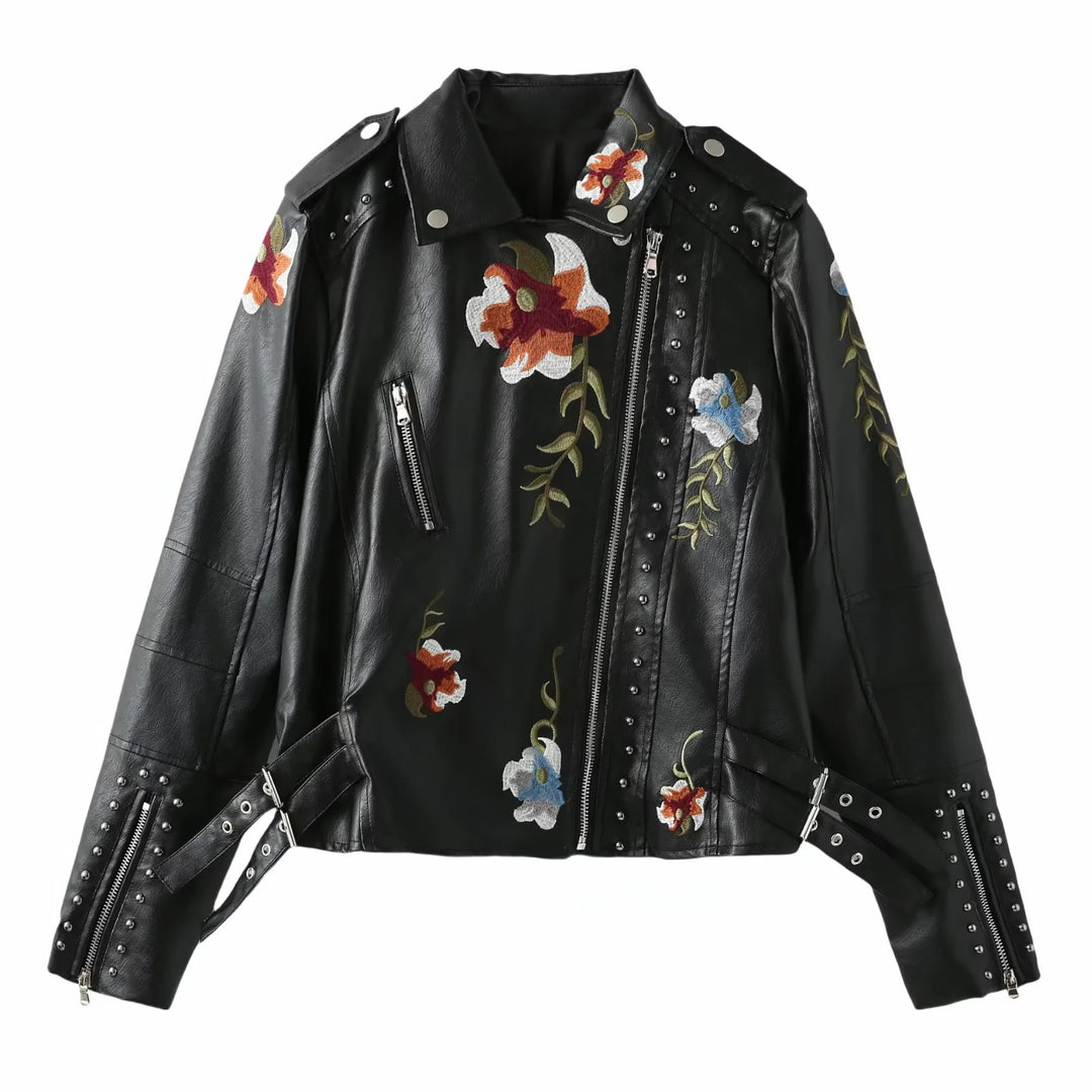 Damen kunstleder Bikerjacke mit floralem Stickdesign und Nietenverzierungen R&B