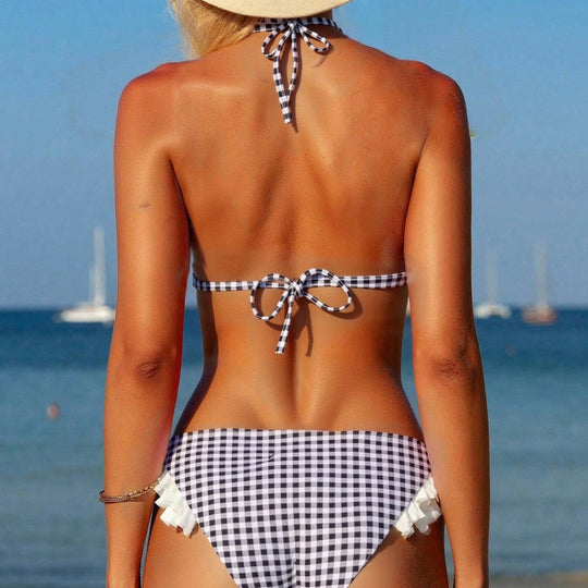Damen Triangel-Bikini mit Rüschendetails und kariertem Design R&B