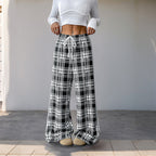Damen weite Freizeithose mit Karo-Muster und verstellbarem Bund