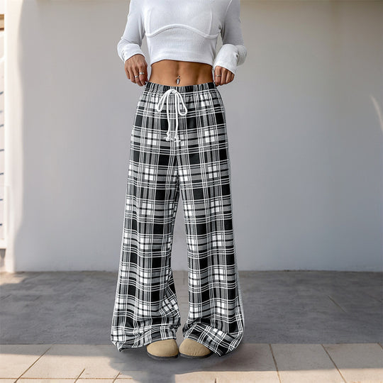 Damen weite Freizeithose mit Karo-Muster und verstellbarem Bund R&B