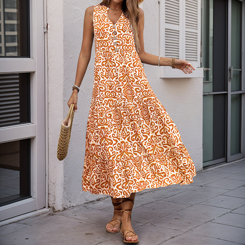 Damen Maxikleid mit romantischem Muster und tiefem V-Ausschnitt R&B