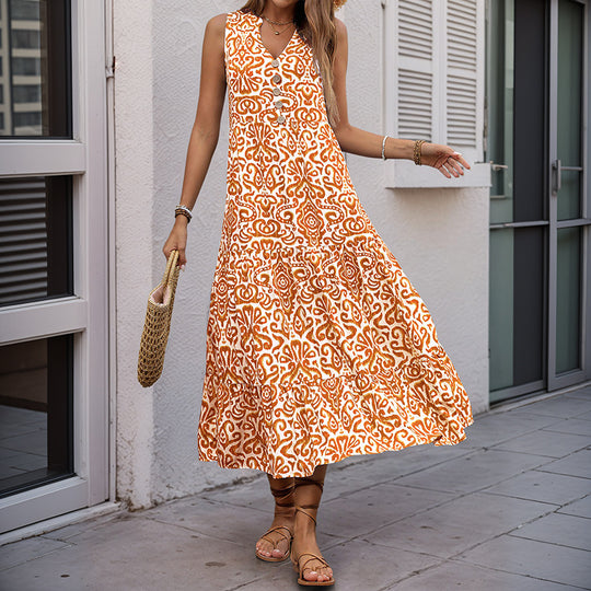 Damen Maxikleid mit romantischem Muster und tiefem V-Ausschnitt R&B