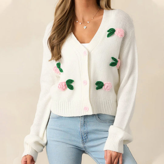 Damen Strickjacke mit floralen Applikationen und bequemen Knopfdetails R&B
