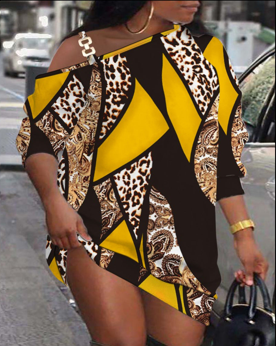 Damen asymmetrisches Kleid mit modischem Grafikdesign und einem Schulter-Detail R&B