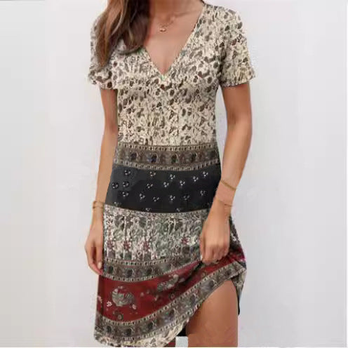 Damen Kurzarmkleid mit modischem V-Ausschnitt und kreativem Muster R&B