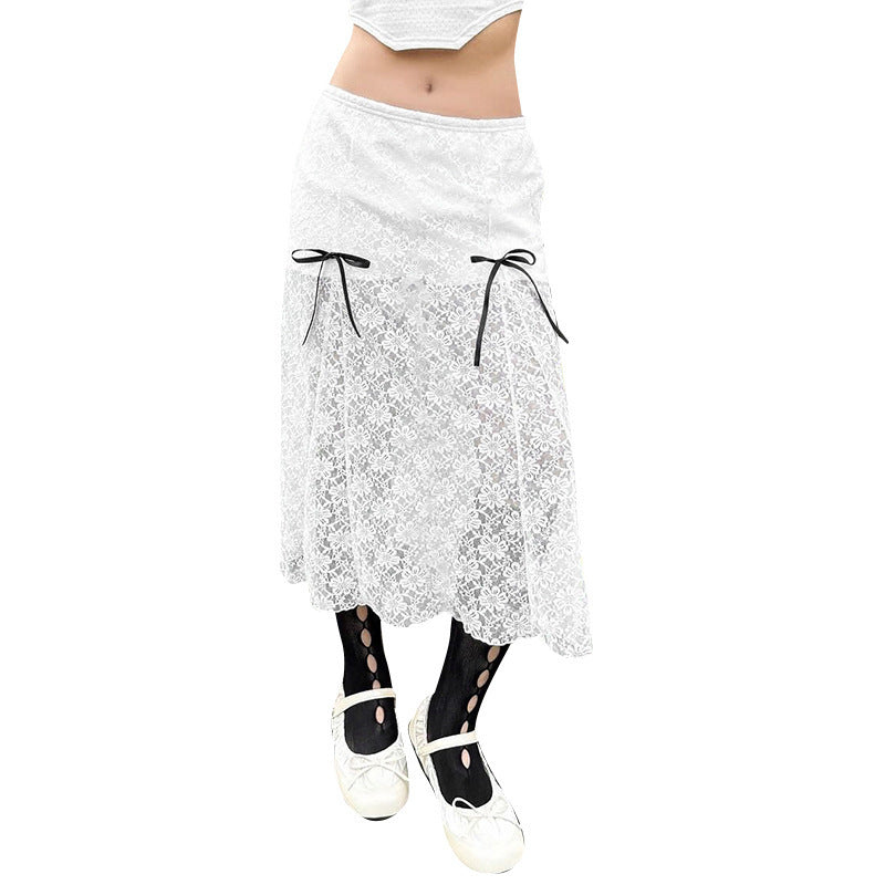 Damen eleganter Spitzenrock mit transparenten Einsätzen und raffinierten Bindebändern R&B