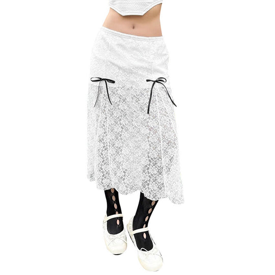 Damen eleganter Spitzenrock mit transparenten Einsätzen und raffinierten Bindebändern R&B