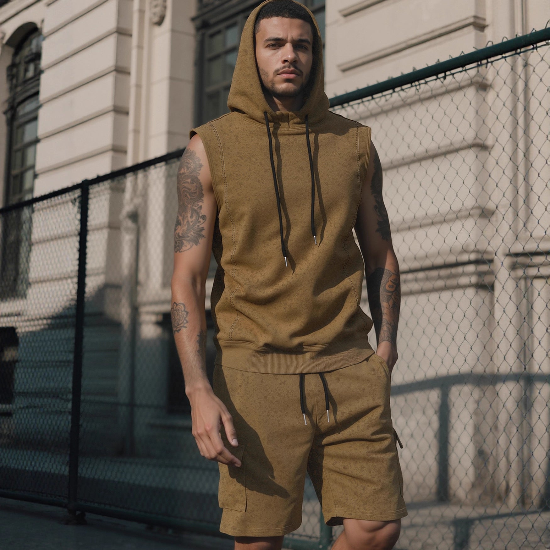 Herren nan Kapuzen-Muskelshirt-Set mit funktionaler Cargobermuda R&B