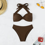 Damen Bandeau-Bikini mit dekorativem Knoten und hoher Taille R&B