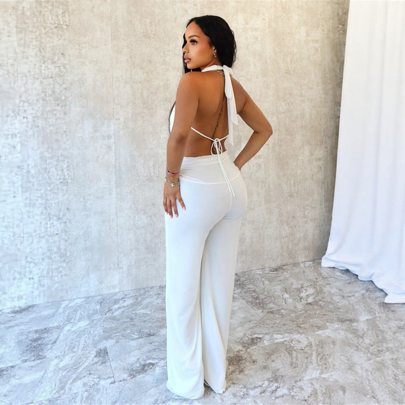 Damen Eleganter Deep-V Jumpsuit mit geschwungenem Rücken und weit geschnittenen Beinen R&B
