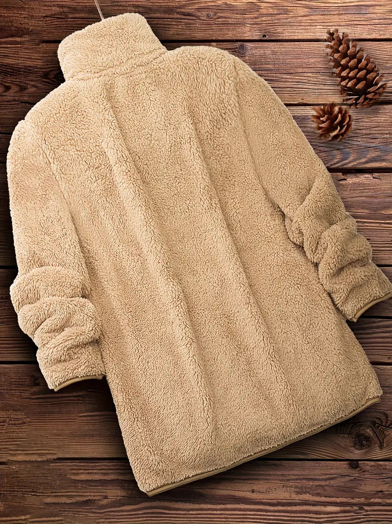 Damen Flauschige Teddyjacke mit hohem Kragen und seitlichen Taschen R&B