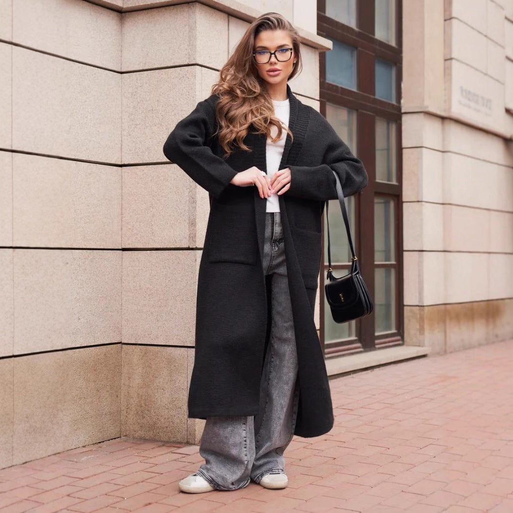 Damen Strickmantel mit tiefem V-Ausschnitt und großen Taschen R&B