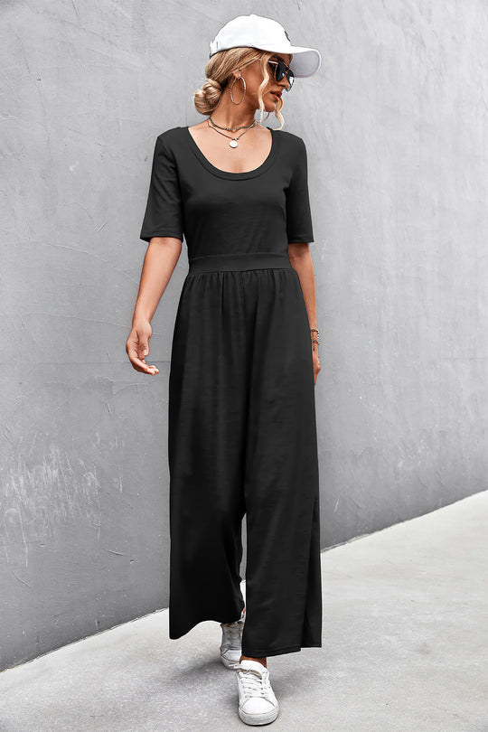 Damen Jumpsuit mit weitem Bein und elegantem Rundhalsausschnitt R&B