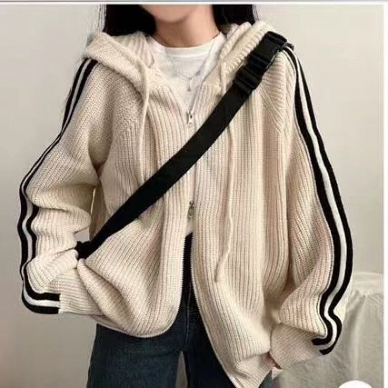 Damen lässiger Strickhoodie mit tiefem V-Ausschnitt und seitlichen Streifen R&B